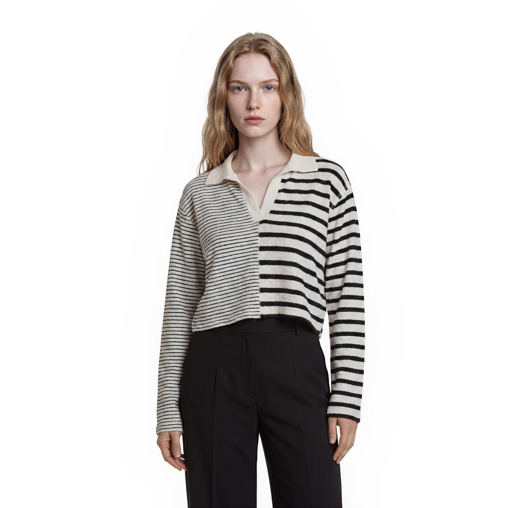 NEW Miou Muse Cropped‎ Polo Top Shirt Women's Size Medium Black White Striped